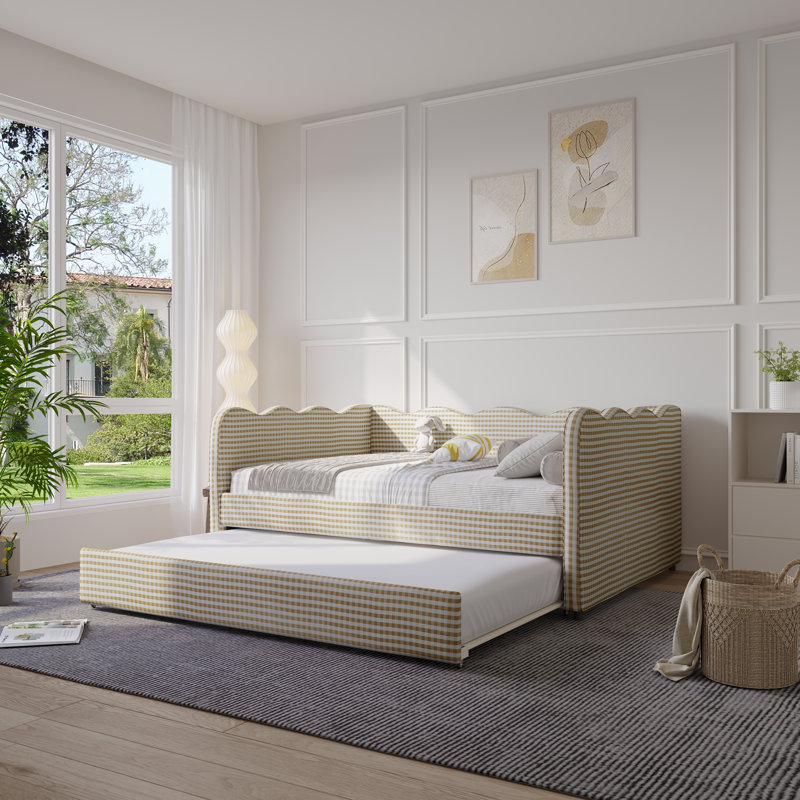 Linen Upholstered Gingham Daybed With Trundle, Usb Charging Port & Wave-shaped Design, No Box Spring Needed, Brown