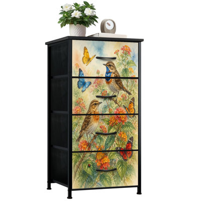 Commode de rangement verticale à 4 tiroirs avec oiseaux et papillons