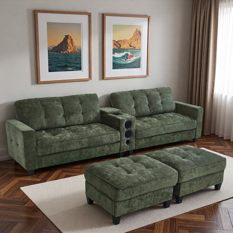 Canapé modulaire moderne en forme de U avec repose-pieds de rangement mobile, console multifonctionnelle, haut-parleurs Bluetooth et lumières à DEL