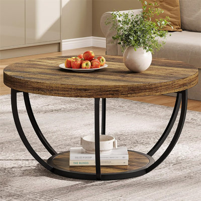 Table basse ronde, table basse circulaire en bois brun rustique à 2 niveaux de 31,7 po avec tablettes de rangement, table d'appoint moderne pour le salon