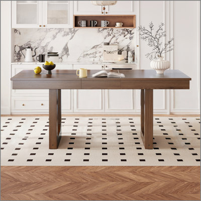 60"-78" Extendable Dining Table, Farmhouse Wooden Kitchen Table with Removable Leaf, Large Expanding Table for 4-8, Walnut