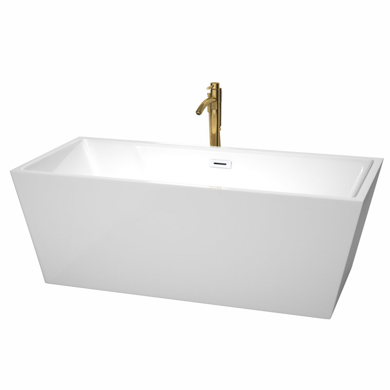 Sara 67'' x 32'' Soaking Acrylic Bathtub with Faucet, White/Shiny White/Brushed Gold