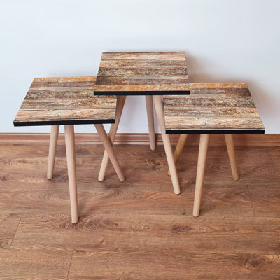 Rustic Nesting Table Set (3 Pieces), Brown, 13.8 x 20.5 x 13.8 inches | 100% MDF with Beech Wood Legs | Stylish & Functional Design for Living Room or Home Office | Perfect Space-Saving Solution
