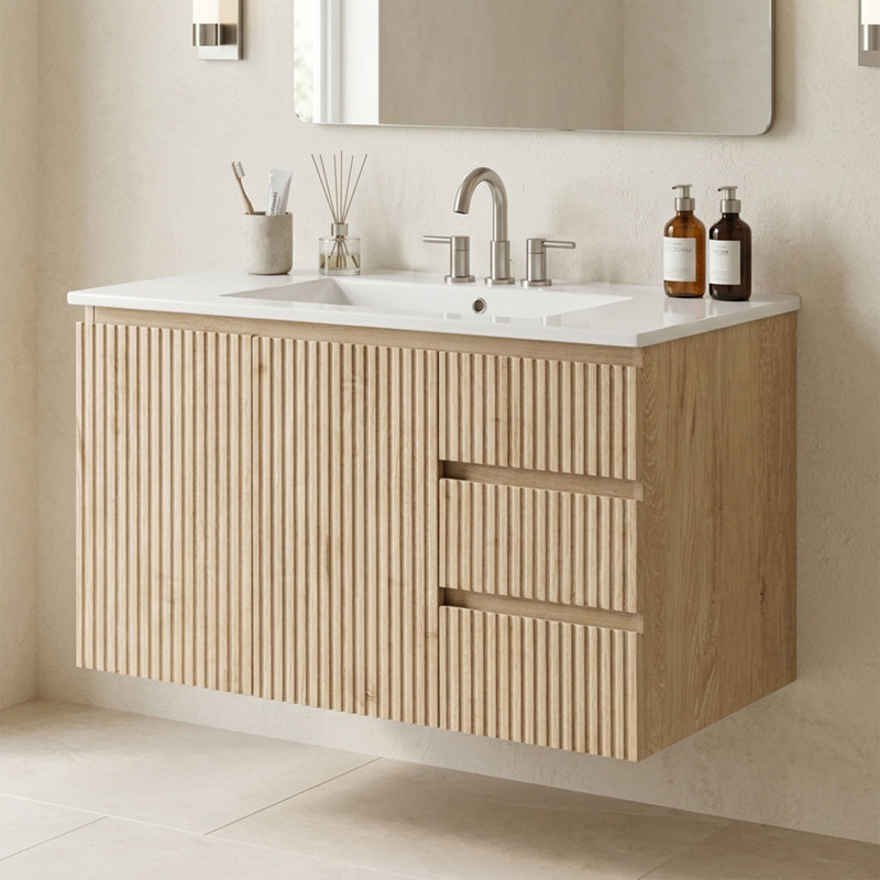 Meuble-lavabo suspendu simple de 91 cm (36 po) avec lavabo en céramique, 3 tiroirs et rangements, design cannelé, style scandinave, salle de bain principale