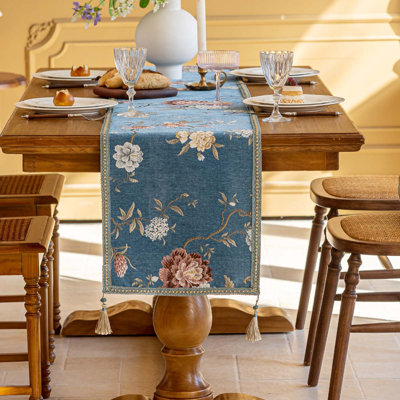 Chemin de table avec broderie pivoine et support en silicone, ivoire, 72 po x 14 po
