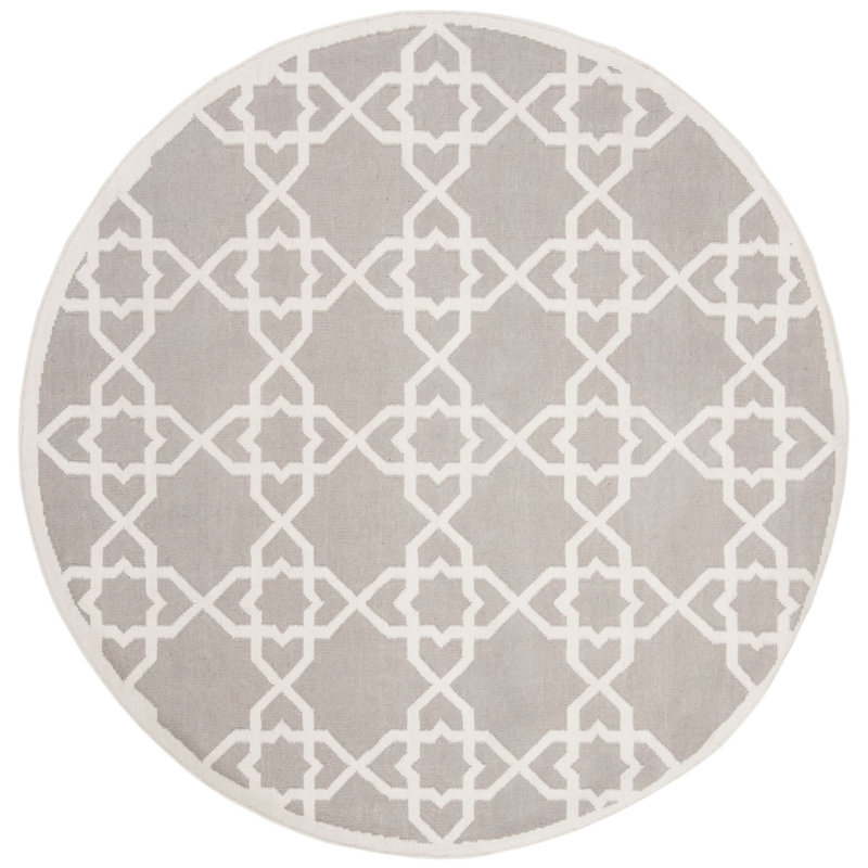 Rodgers Hand Woven Flat Weave Wool/Cotton Geometric Rug in Ivory/Gray, Round 6'