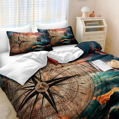 Nautical Compass Bedding Comforter Set 4 Pcs Vintage Ocean Bedding Set King Size Soft Cozy Lightweight Quilted Comforter for All Seasons 1 Comforter 2 Pillowcases 1 Cushion Cover