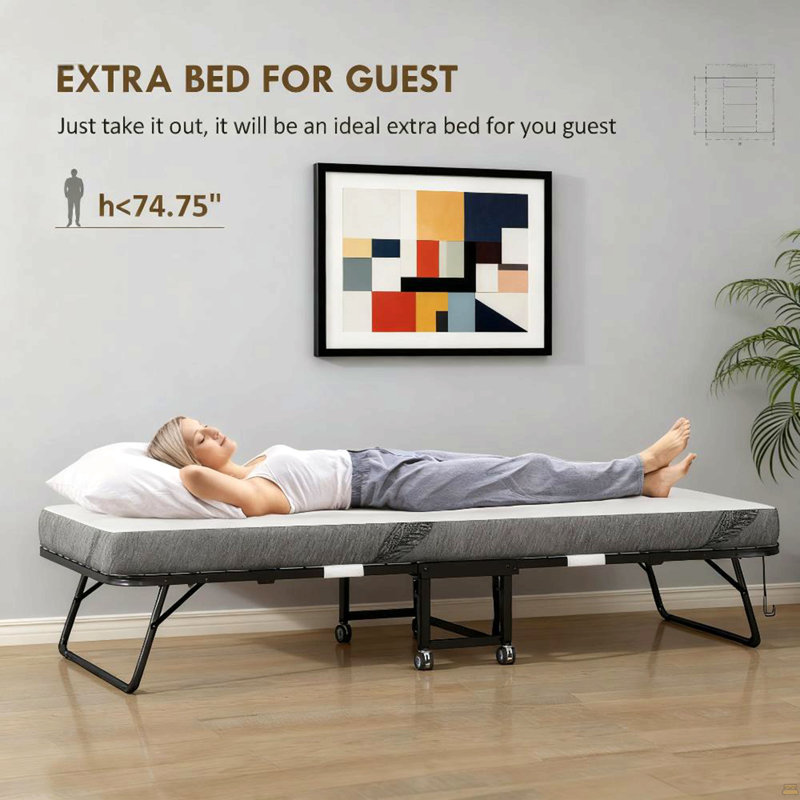 Lit pliant avec matelas, taille unique, lit pliable portatif avec matelas en mousse à mémoire de forme et structure en acier