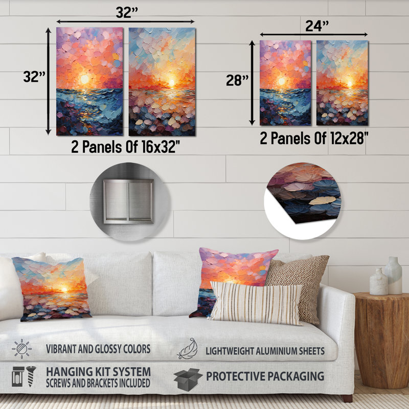 Coastal Harmony Dreamscape Sunset - ensemble de 2 impressions sur paysage en métal, H 28 po x l 24 po