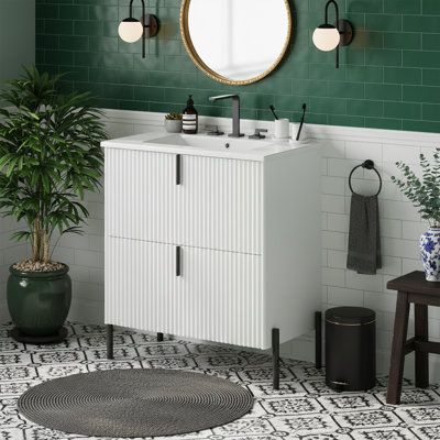  30" Mid-Century Fluted Bathroom Vanity, 8" Widespread Sink - 2-Drawer Cabinet - White
