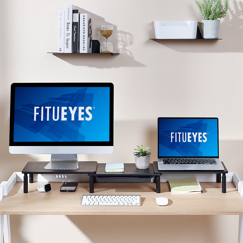 FITUEYES Support de bureau double en métal avec tiroir, support d'ordinateur réglable à 3 hauteurs pour le bureau à domicile et l'école - noir