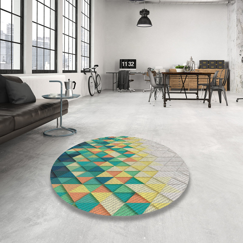 Tapis vert/jaune/gris à motifs, Rond 3 pi