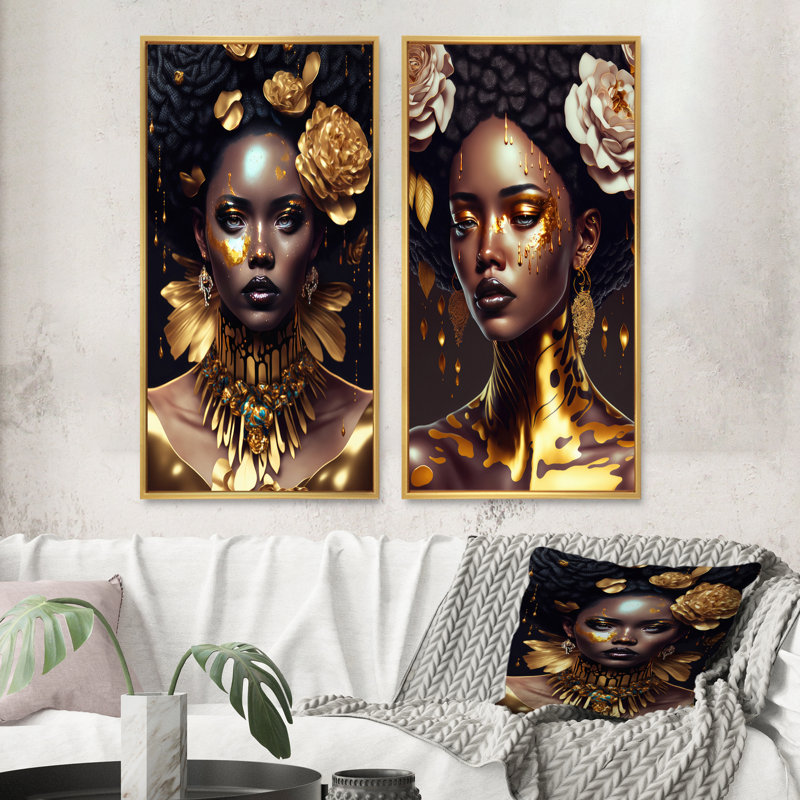 «Gold and Black Floral Woman VI», 2 pièces sur toile, Encadrement doré, H 20 po x l 24 po