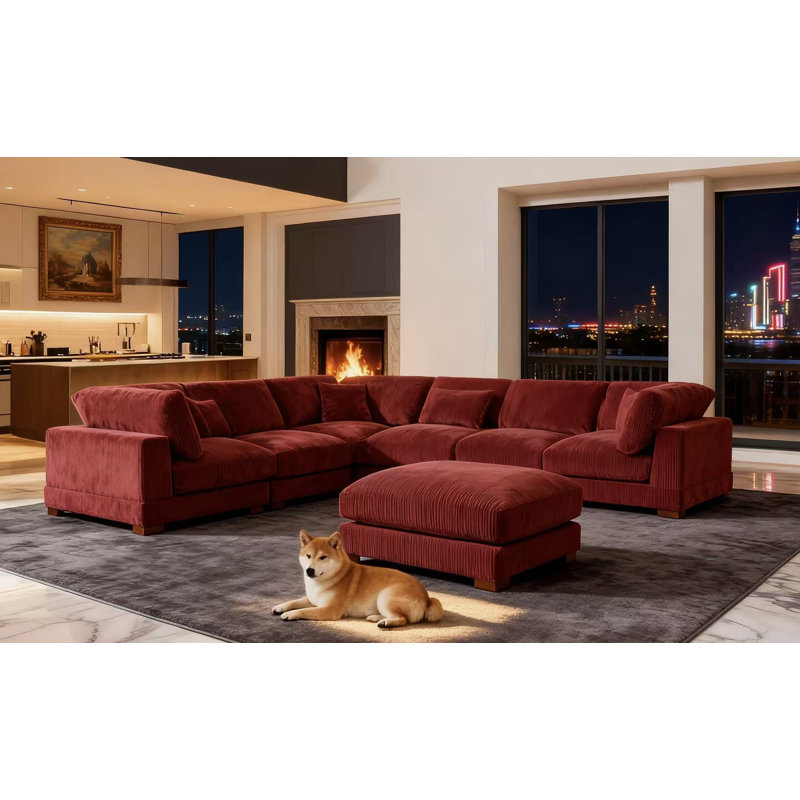 Arliz 7 - Piece 144" Wide Reversible Modular Corner Sectional with Ottoman, Red Corduroy