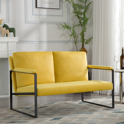 Loveseat Accent Chair, All Metal Frame 2-Seater Sofa Chair with Padded Armrest, High-Density Foam Cushion, Removable Washable Back Cover, Easy Assembly Modern Loveseat for Living Room Bedroom, Yellow