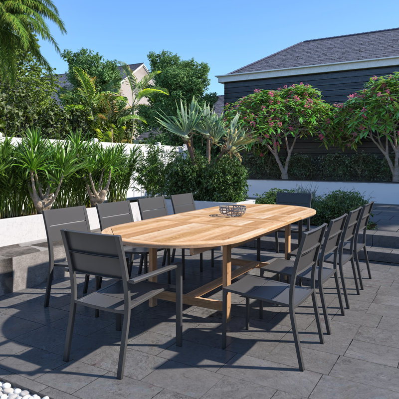 Ensemble repas d'extérieur en bois de teck massif et aluminium 11 pièces FSC Anautica