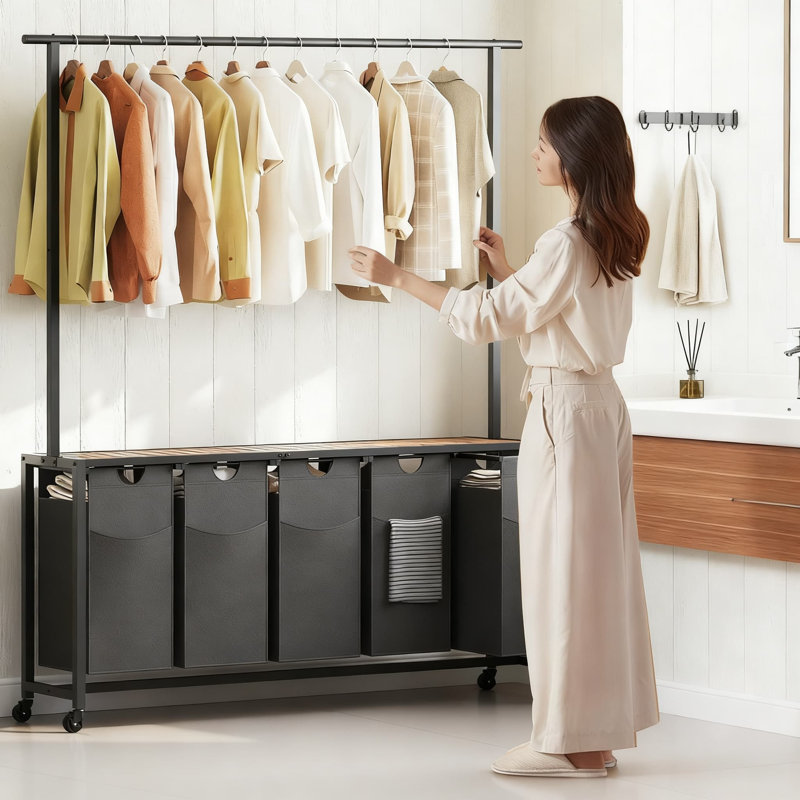 Trieur à linge à 5 sections avec support suspendu et tablette de rangement, panier à linge mobile avec roulettes et paniers amovibles pour la salle de lavage