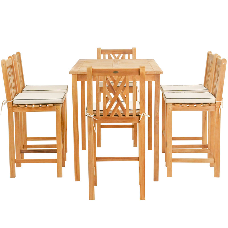 Outdoor 7 - Piece Teak Bar Height Dining Set with Cushions, 55" L x 35.5" W x 43" H