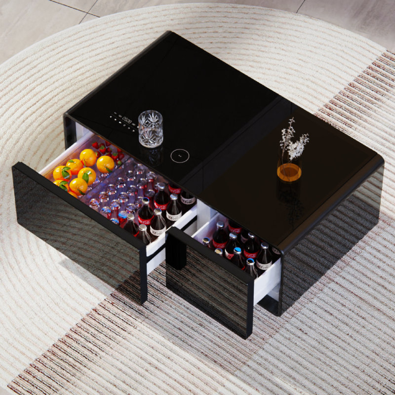 Smart Coffee Table with Fridge Drawer Wireless Charging and Bluetooth Speakers, Black