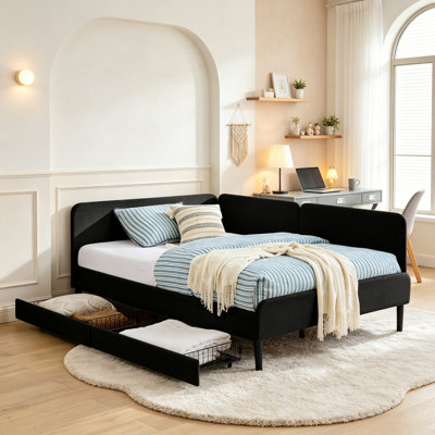 Upholstered Daybed Frame with 2 Storage Drawers and Adjustable Fence, Convertible Sofa Bed for Guest Room Living Room, Black, Full Size