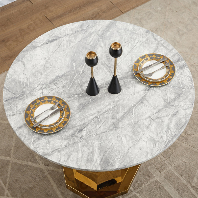 Table de salle à manger ronde en marbre de 47 po, table de cuisine moderne avec plateau de table ultrabrillant et base en acier inoxydable pour la salle à manger, cuisine (table seulement)