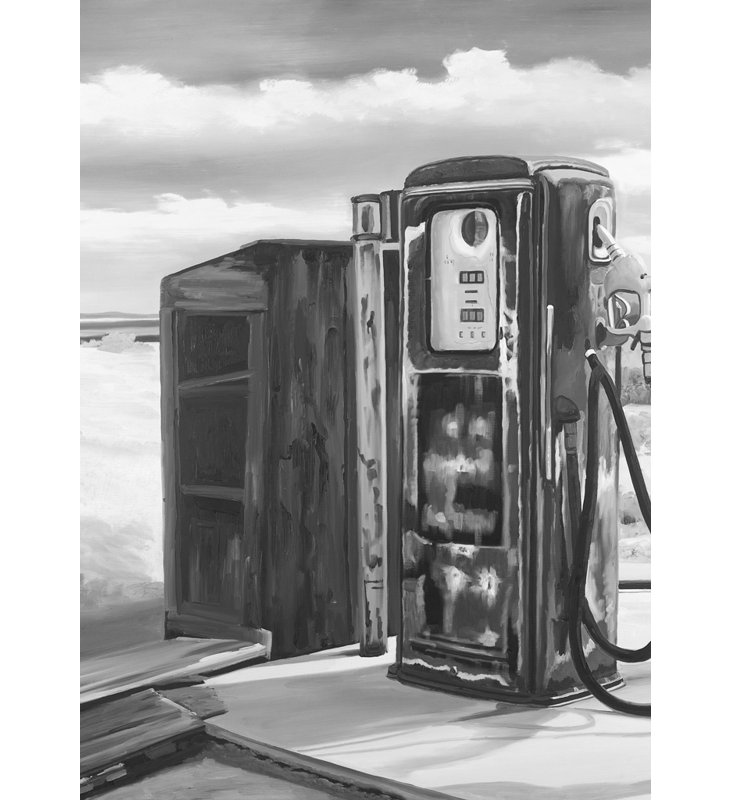 Old Gas Pump | White Car Framed Canvas for Home Decor, 37.25" H x 49.25" W, White/Gray/Black