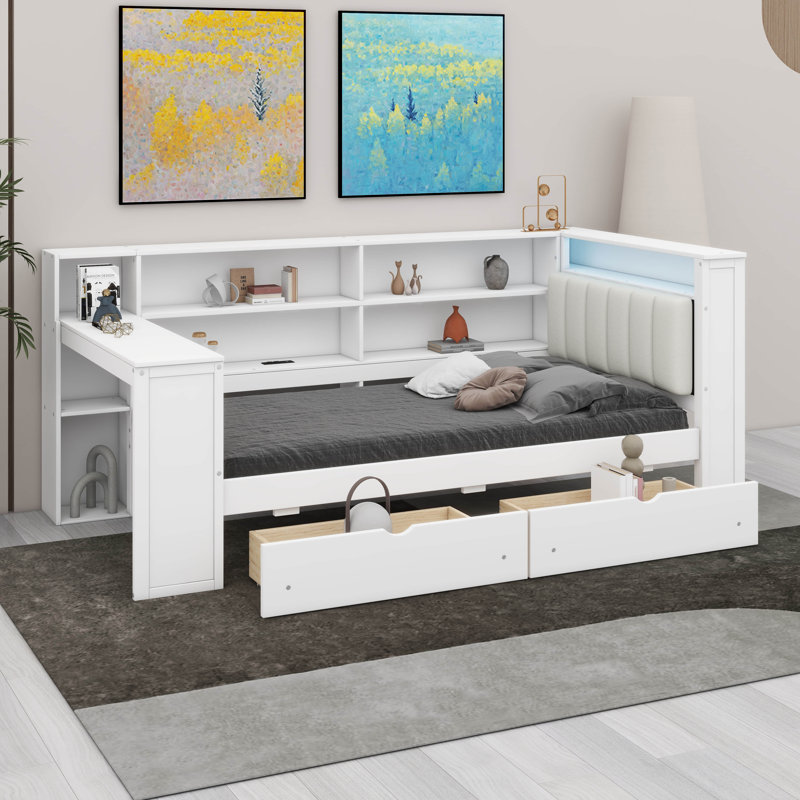 Corner Bed Frame With Storage Shelves,  Daybed With Drawers, Charging Station And LED Light, Twin, White/Beige