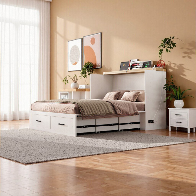 Élégant grand lit escamotable avec station de charge - Armoire de rangement de style campagnard pour chambres d'amis et petits espaces