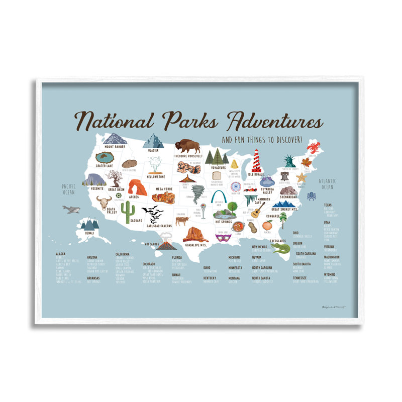 Carte des États-Unis, National Parks Adventures, par Stephanie Workman Marrott - impression, H 11 po x l 14 po x P 1,5 po