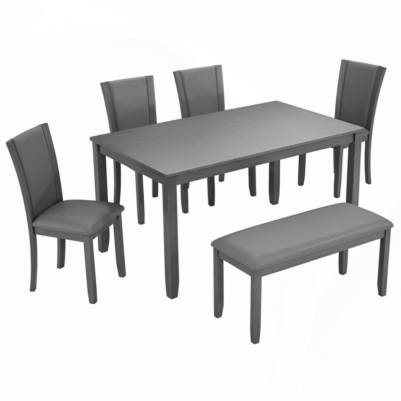 6-Piece Modern Wooden Dining Table Set with Bench and Chairs, Grey, for Family Gatherings and Space Efficiency