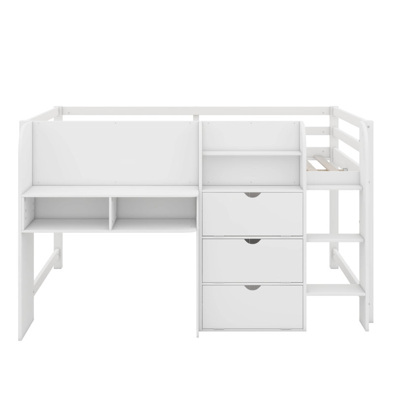 Full Size Low Loft Bed With Built-In Desk,Storage Cabinets And Open Bookcase,Whiteboard For Graffiti, White