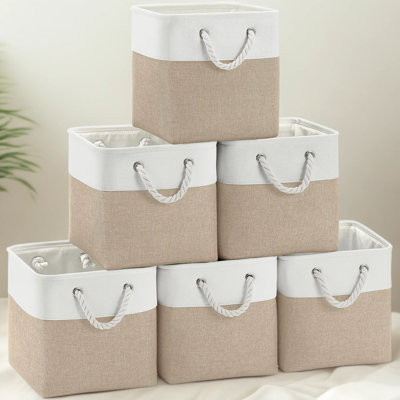 Fabric Storage Cubes, 6 Pack, 11x11 Inch Cube Baskets with Handles, Collapsible Closet Organizer Bins for Shelves, Office, Laundry Room, White and Khaki