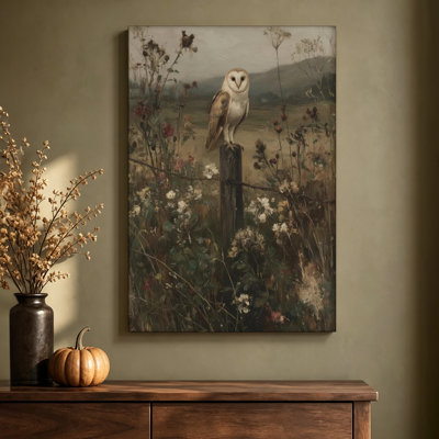 Chouette effraie dans un pré fleuri, reproduction d'une peinture à l'huile sur toile tendue, 61 x 91 cm, prête à accrocher.