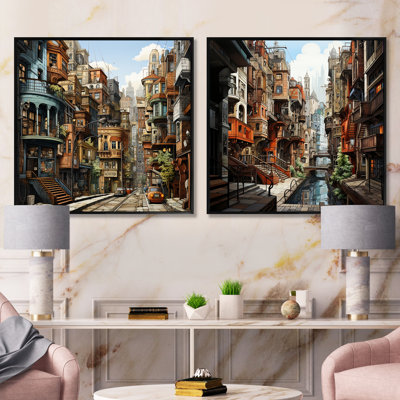 Analytic Drawing Of A City Buildings - City Buildings Square Collage Set Of 2