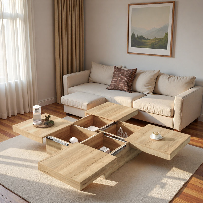 Table basse carrée en placage avec plateau coulissant et beaucoup de rangement