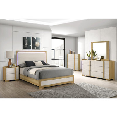 Lit très grand avec tête de lit Natural Led, finition 2 tons, éclairage tactile intégré, lit en bois