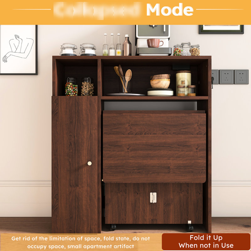 Folding Dining Table With Sideboard & Braking Function, Material, Walnut Color, Small Space Multifunctional Socket, Foldable For Saving,