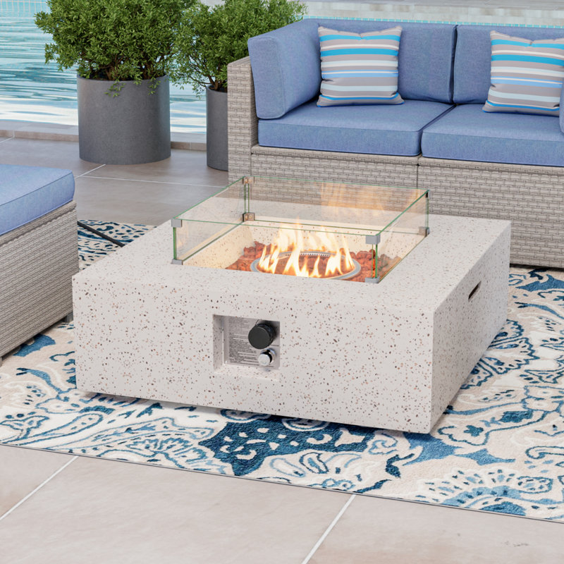 Lisdale Square Magnesium Oxide Propane Smokeless Fire Pit Table, Terrazzo White