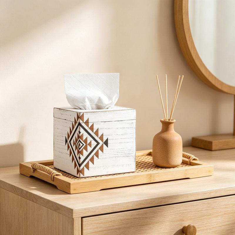 Couvercle de boîte à mouchoirs en bois de style sud-ouest avec motif aztèque, style cube mexicain rétro pour décoration intérieure, salle de bain et salon