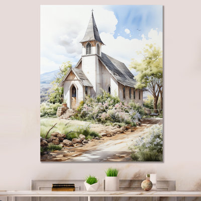 Aquarelle de la chapelle de mariage blanc au printemps rustique