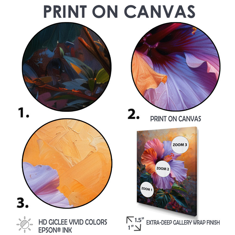 Décoration murale hibiscus rose, orange, coucher de soleil tropical, Cadre simple noir, H 24 po x l 32 po