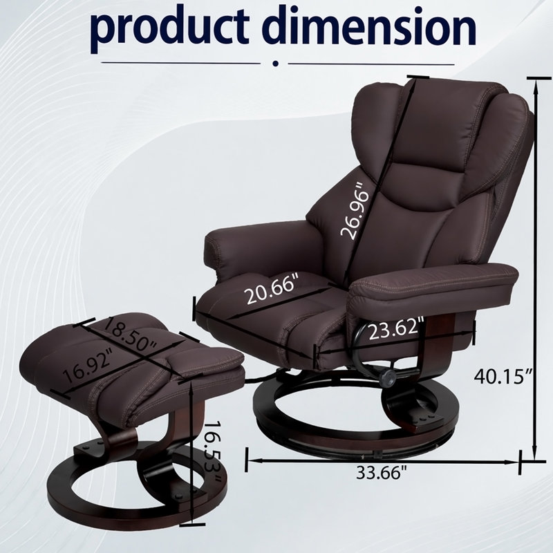 Fauteuil inclinable de massage à 8 points avec repose-pieds, fauteuil inclinable chauffant en cuir pour chat, base en bois cintré, fauteuil télé d'intérieur avec repose-pieds pour le salon et la chambre à coucher, brun