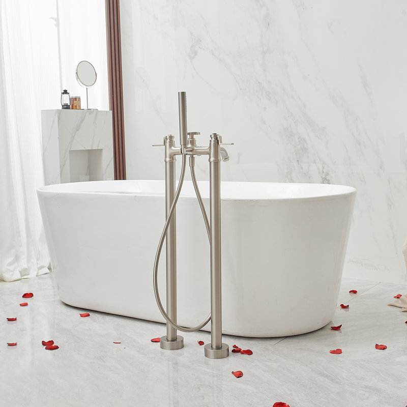Robinet de baignoire autoportant à 3 poignées à fixation au sol de style industriel romain avec douche à main, Nickel brossé