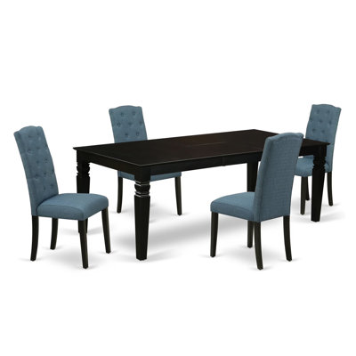 5 Piece Dining Table Set for 4 Includes a Rectangle Kitchen Table with Butterfly Leaf and 4 Mineral Blue Linen Fabric Parson Chairs, 42x84 Inch, Black