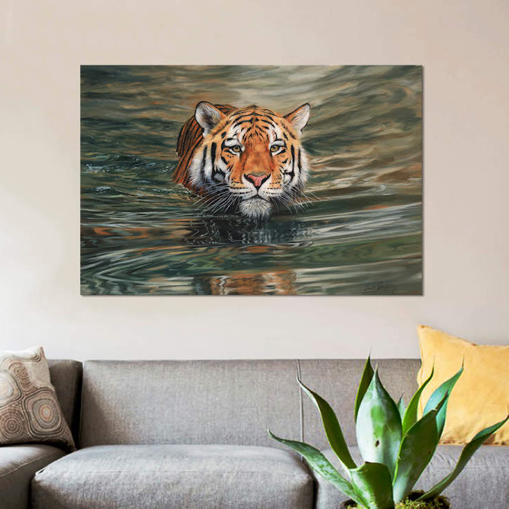 «Tiger Water Front» par David Stribble, impression sur toile tendue, H 18 po x l 26 po x P 1,5 po, Toile tendue, Pas de tapis