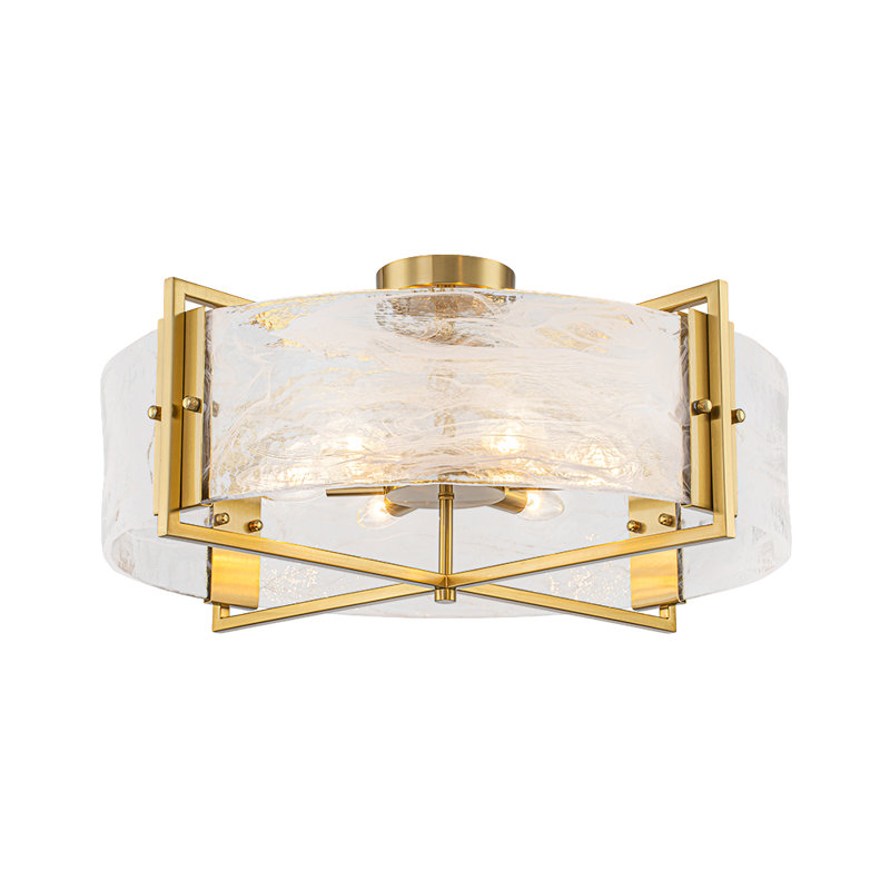 Akosita 6-Light White Mist Glass Drum Semi-Flush Mount, Brushed Gold