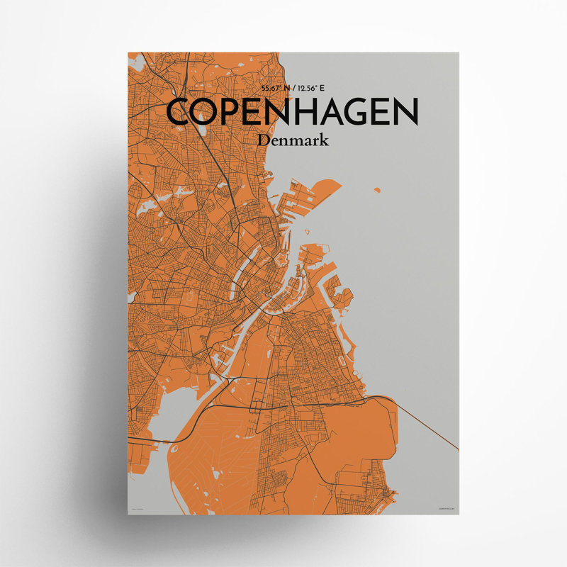 Copenhagen City Map In Orange - No Frame Print, 27.6cm H x 19.7cm W x 0.05cm D