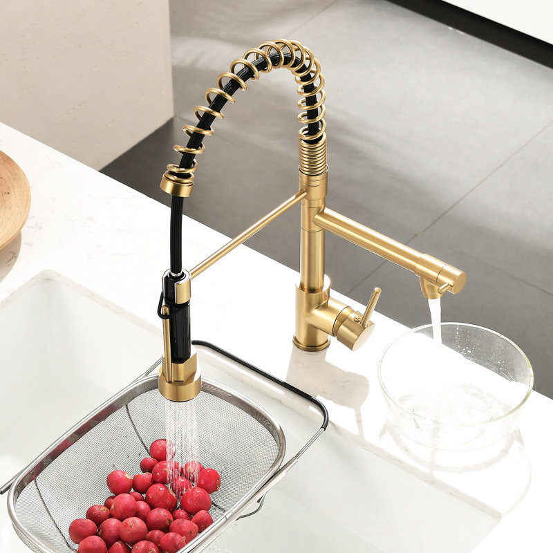 Enchanting Gold Kitchen Faucet With Pull Down - 360 Swivel Arm, Single Handle, Brass Composition Relieving Sink Dual Usability, Ceramic Filler, Modern Brightness