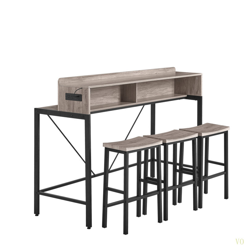 Ensemble de table de bar 59 pouces, table de salle à manger, table de canapé avec prise de courant et lumière DEL, 3 tabourets de selle, table de bar 4 pièces et chaises pour le salon, la salle à manger et la cuisine