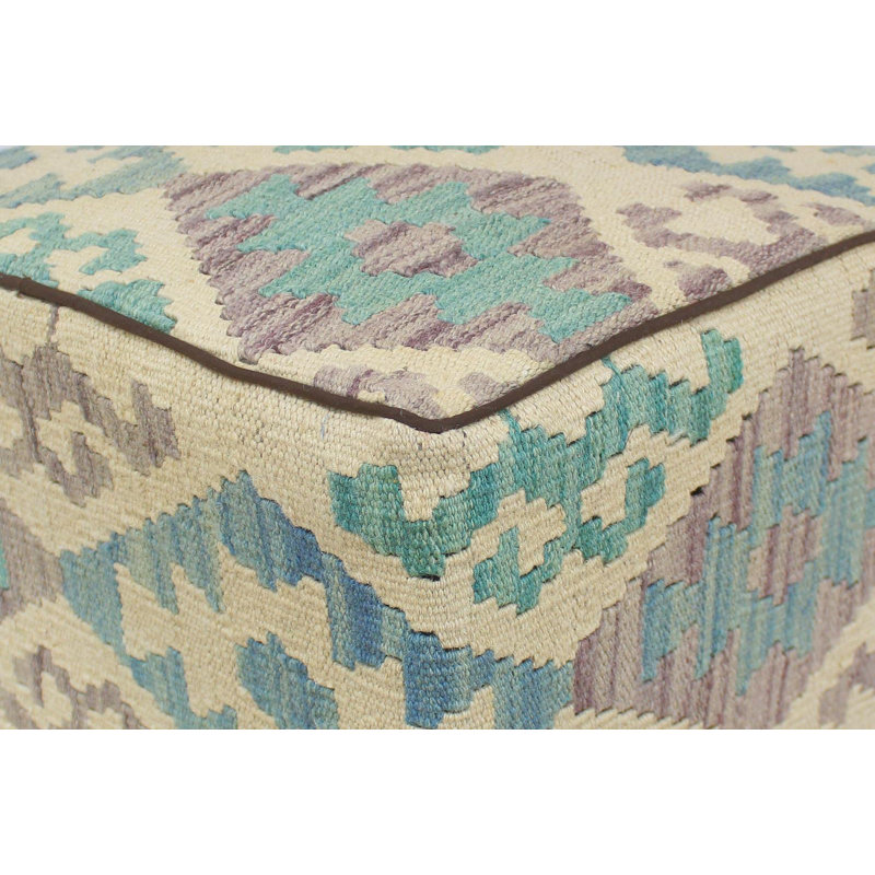 Aprea Upholstered Ottoman, Beige/Light Blue/Purple/Teal Wool